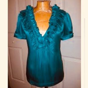 BCBGMaxazria NWOT silk ruffle blouse blue jade XS
